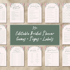 Blush Pink Floral Bridal Shower Games Bundle Template: Editable Rose & Peony Design Editable Printable Instant Digital Download Canva