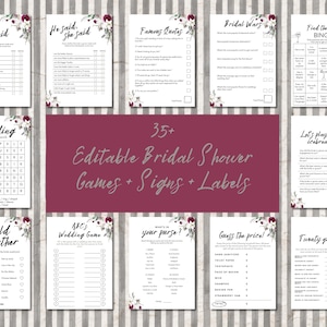 Boho Floral Bridal Shower Games Bundle Template: Burgundy & White Design (Editable Printable Instant Digital Download) Canva