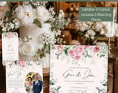 Blush Pink Floral Invitation Bundle, Rose Peony Editable Invite Set, Save The Date, Details Card, Thank You Canva Download