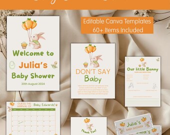 Paquete para baby shower "Somebunny Is On The Way", paquete para fiesta de conejitos, invitación, juegos, letreros, descarga editable en Canva B0110S