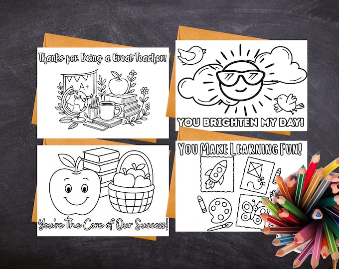 Featured listing image: Colorable Teacher Appreciation Cards – Printable Set of 4 Thank You Cards for Teachers (PDF Download)