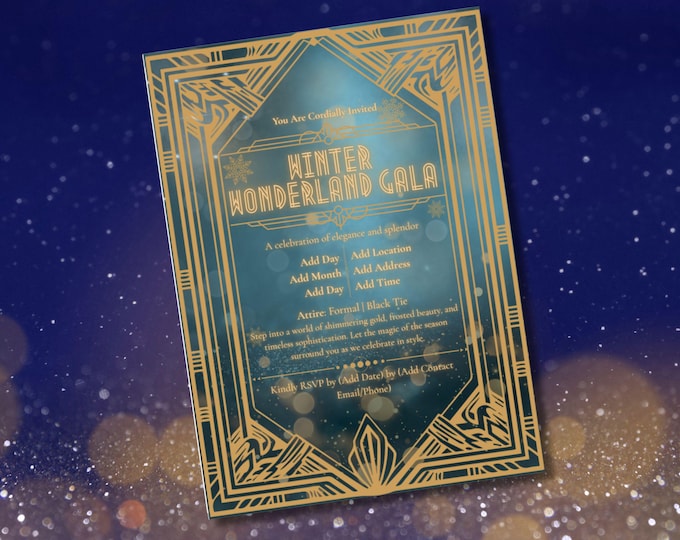 Featured listing image: Art Deco Winter Wonderland Invite - Gala Printable Christmas Invitation (Editable in Canva)