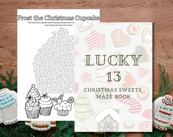 Lucky 13 Christmas Sweets Doolhofboek – 13 leuke vakantiedoolhoven met kleurbare pagina's voor kinderen en volwassenen (pdf-download)