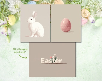 Modern Easter Wall Art Set, Minimalist Bunny, Egg & Floral Prints, Neutral Spring Decor, Digital Download