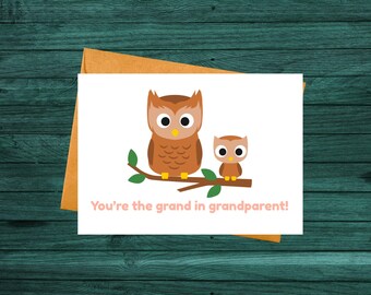 Puede incluir: Tarjeta de felicitación con dos búhos marrones de dibujos animados posados en una rama con hojas verdes. El texto dice: "You're the grand in grandparent!" La tarjeta se presenta con un sobre marrón.