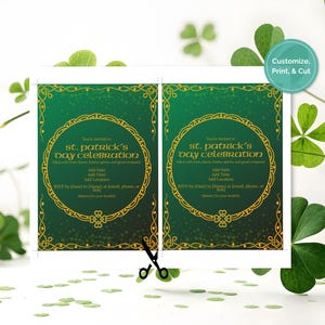 May include: Two St. Patrick's Day celebration invitations with a green and gold design. The invitations feature a circular frame with text, and the words "Customize, Print, & Cut" are visible. Green shamrocks are scattered around the invitations.