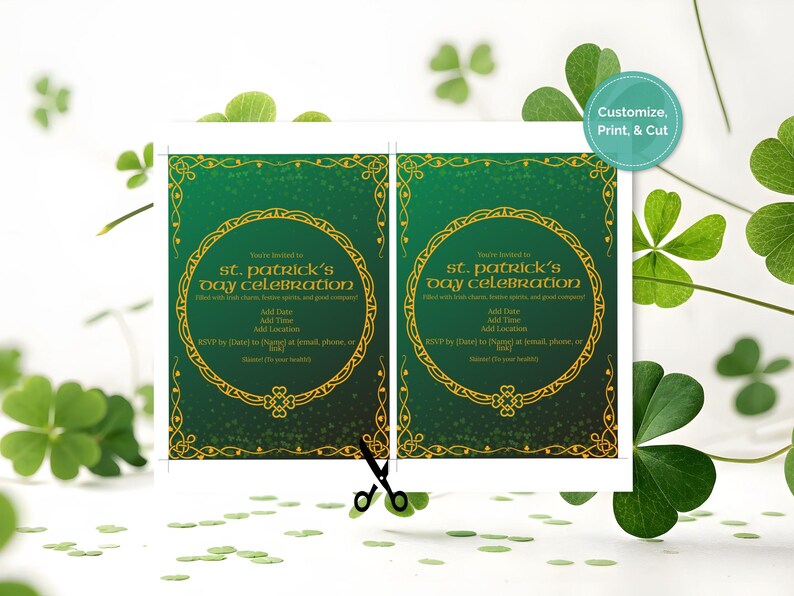 May include: Two St. Patrick's Day celebration invitations with a green and gold design. The invitations feature a circular frame with text, and the words "Customize, Print, & Cut" are visible. Green shamrocks are scattered around the invitations.