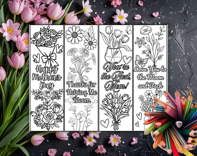 Featured listing image: Mothers Day Printable Floral Bookmarks – DIY Coloring Gift for Mom, Set of 4 (Editable in Canva)