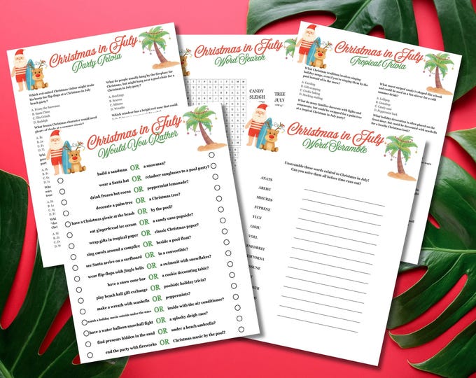 Featured listing image: Christmas in July Games Bundle, Christmas in July Party Games, Trivia, Word Search, Would You Rather, Summer Holiday Activities Printable