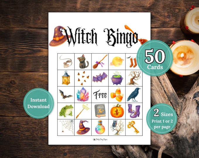 Featured listing image: Witch Bingo Printable, Witch Party Game, Whimsical Kids Activity, 50 Unique Cards, Full Page and Half Page Sizes, Download