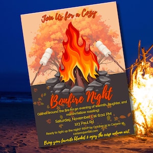 Editable Cozy Autumn Bonfire Night Invitation Template - Rustic Fall Event Flyer for Canva - Warm & Inviting Design