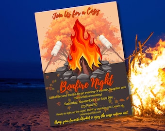 Könnte beinhalten: Eine Einladung für eine Lagerfeuernacht. Das Design zeigt ein Lagerfeuer mit Marshmallows, den Text "Bonfire Night" und Veranstaltungsdetails. Der Hintergrund zeigt eine Strandlandschaft in der Abenddämmerung.