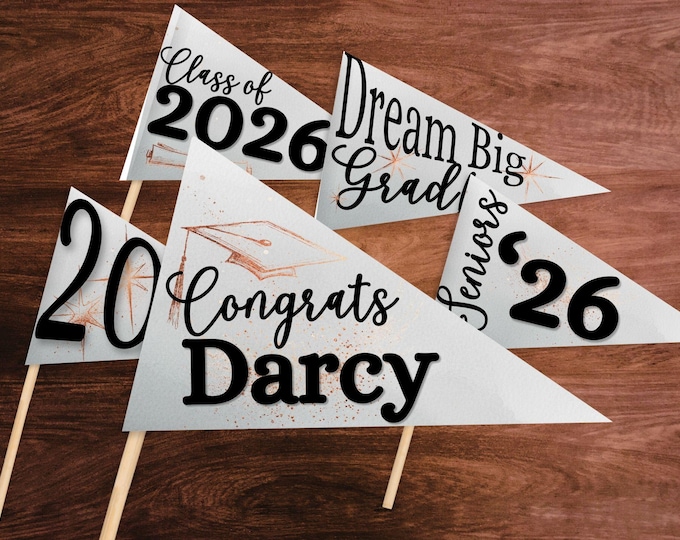 Featured listing image: Class of 2026 Elegant Graduation Pennant Flags - Printable Party Decor - Customizable Graduation Decorations (Editable in Canva)