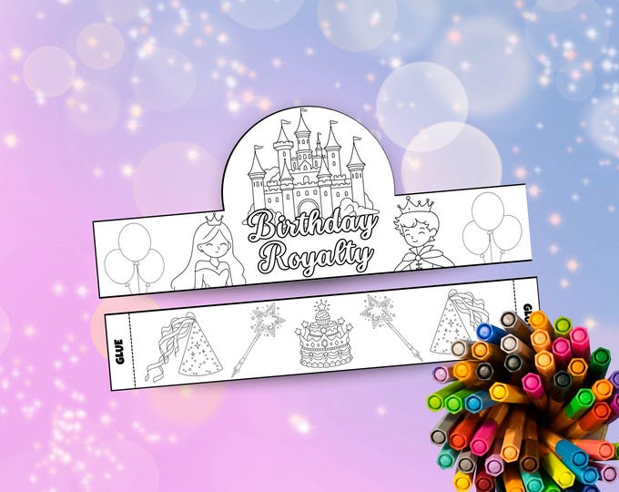 Featured listing image: Princess Prince Birthday Crown Printable, DIY Kids Coloring Craft, Color Your Own Paper Crown, Birthday Party Hat for Kids, Instant Download