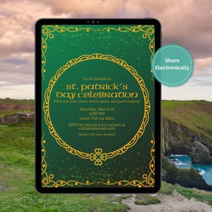 May include: A digital invitation for a St. Patrick's Day celebration, displayed on a tablet. The invitation features a green background with gold Celtic knot designs and text that reads "st. Patrick's Day celebration".