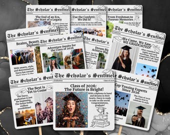 Abanico de graduación personalizado con diseño de periódico / Programa y recuerdo personalizado de la promoción de 2026 / Abanico editable para fiestas de graduación en Canva
