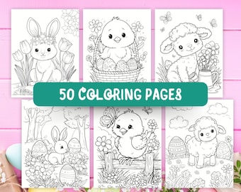 Kawaii Easter Coloring Pages, 50 Pages, Cute Coloring, Bunny, Chick, Lamb, Spring Kawaii, Cute Kawaii, Kawaii Animals, Digital Download