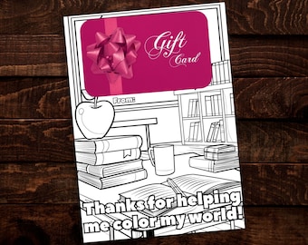 Whimsical Colorable Teacher Gift Card Holder - Teacher's Desk with Chalkboard - Teacher Appreciation Printable (Digital Download)