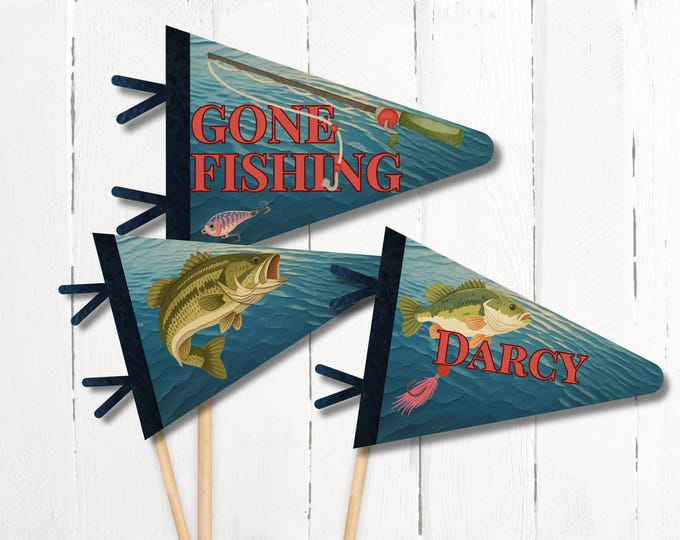 Featured listing image: Fishing Pennant Bundle, Personalized Name Banner, Vintage Lake House Summer, Boys Room Nursery, Canva Template and PDF Digital Download