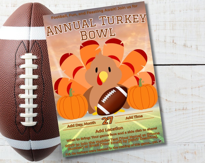 Featured listing image: Thanksgiving Turkey Bowl Invitation Template - Editable Fall Football Party Invite for Friends & Family - Instant Download Printable