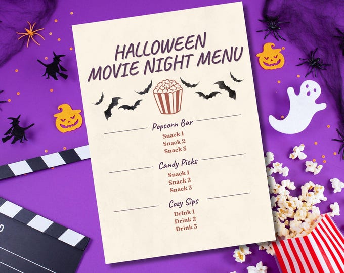 Featured listing image: Halloween Movie Night Menu Template | Editable Canva Snack Menu | Printable Movie Night Menu | Popcorn Bar Sign | Instant Download