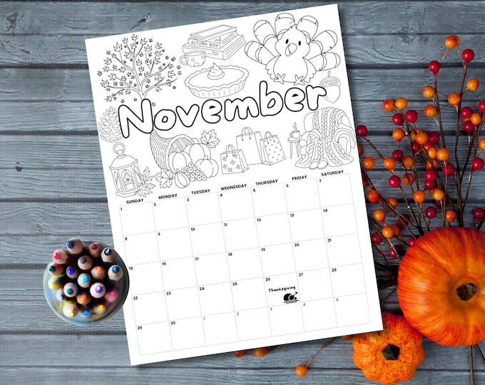 Featured listing image: November 2026 Calendar EDITABLE Colorable, Printable Fillable Monthly Planner, Schedule, Thanksgiving Black Friday Fall Autumn Calendar
