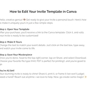 May include: White graphic with the text "How to Edit Your Invite Template in Canva" and instructions on how to customize a template. The steps include opening, editing, and saving the template.