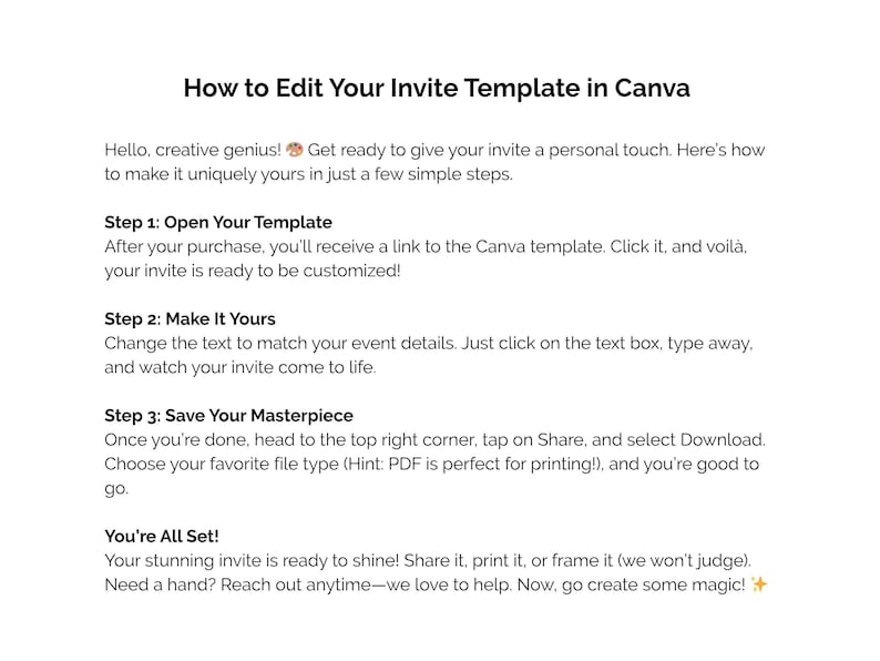 May include: White graphic with the text "How to Edit Your Invite Template in Canva" and instructions on how to customize a template. The steps include opening, editing, and saving the template.