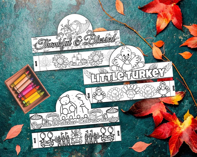 Featured listing image: Thanksgiving Crown Coloring Bundle - 3 Printable DIY Crowns for Kids & Adults - Fall Crafts - Turkey Day Activity - Party Favors