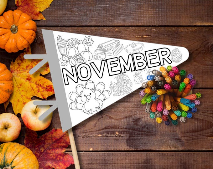 Featured listing image: November Coloring Page Printable - Cozy Fall Thanksgiving Pennant Flag Craft for Kids, November Coloring, Classroom Activity, Bulletin Board