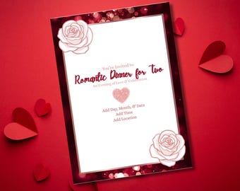 May include: A romantic invitation card with a white background and a dark red border. The text "Romantic Dinner for Two" is displayed in a cursive font, along with a heart and rose illustrations. Red paper hearts are scattered around the card.