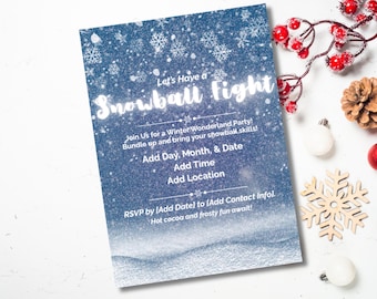 Puede incluir: Invitación con temática invernal con el texto « Let's Have a Snowball Fight ». La invitación es azul con copos de nieve blancos e incluye espacio para agregar la fecha, la hora y el lugar de una fiesta del país de las maravillas invernal.