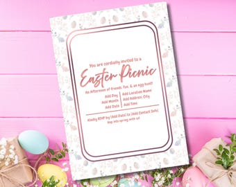 Easter Picnic Invitation - Printable Modern Pastel Design with Bunnies & Flowers (Editable in Canva)