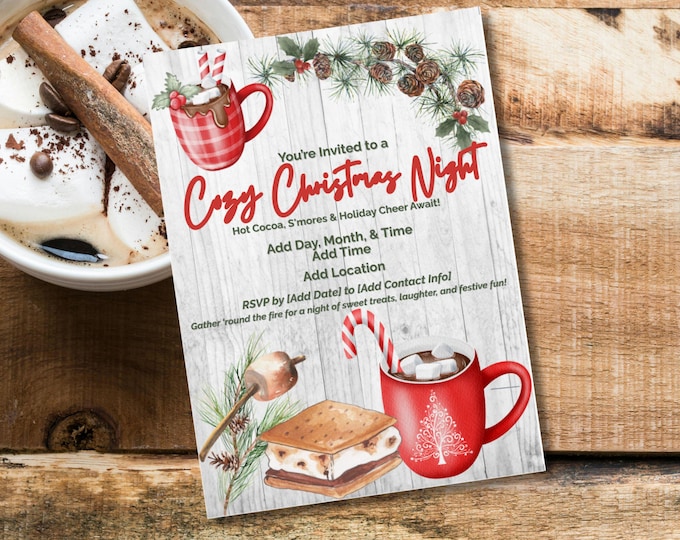 Featured listing image: Rustic Farmhouse Christmas Party Invitation - Hot Cocoa & S'mores Night Invite (Editable in Canva)