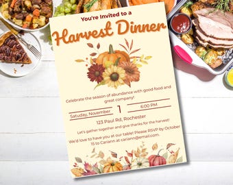 Harvest Dinner Invitation, Editable Canva Template, Fall Dinner Party Invite, Thanksgiving Invitation, Rustic Autumn