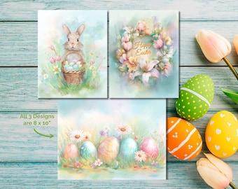 Classic Easter Wall Art Set, Watercolor Bunny, Wreath & Egg Prints, Pastel Spring Decor, Digital Download Gift