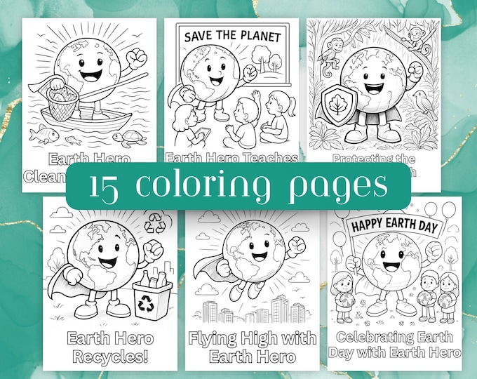 Featured listing image: Earth Hero Coloring Pages, 15 Pages, Fun and Educational, Superhero Earth, Environmental Activities, Kids Coloring, Save the Planet