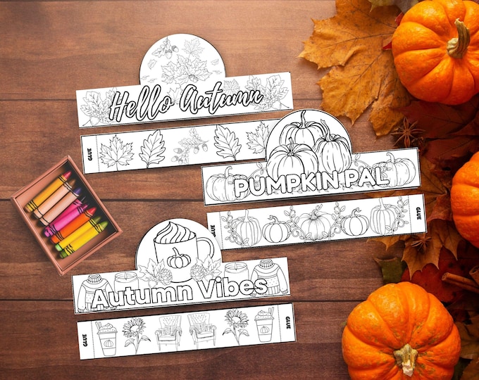 Featured listing image: Autumn Printable Coloring Crown Bundle - Hello Autumn, Pumpkin Pal, Autumn Vibes - Fall Kids Craft - DIY Activity for 8.5x11 Paper