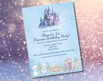 Ice Princess Birthday Party Invitation - Winter Wonderland Invite with Snow Castle & Carriage Design (Editable in Canva)