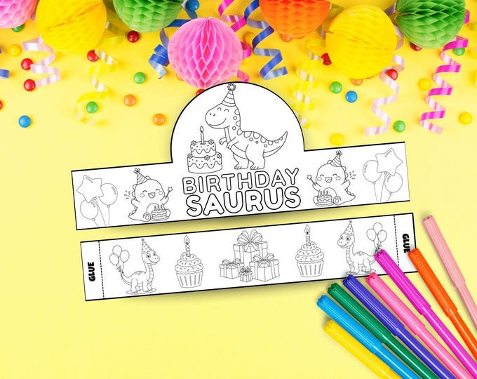 Featured listing image: Dinosaur Birthday Crown Printable, DIY Kids Coloring Craft, Color Your Own Paper Crown, Birthday Party Hat for Kids, Instant Download