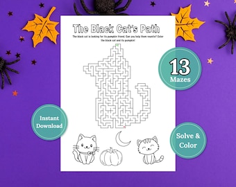 Pode incluir: Uma folha de atividades imprimível intitulada The Black Cat's Path com um labirinto em forma de gato, dois gatos desenhados, uma abóbora e uma lua crescente. O texto diz: The black cat is looking for its pumpkin friend. Can you help them reunite? Color the black cat and its pumpkin!