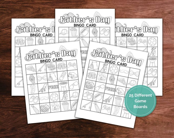 Featured listing image: Fathers Day Bingo Game Printable - 25 Colorable Boards, Markers, and Calling Cards - Fun Family Activity for Dad's Day (PDF Download)