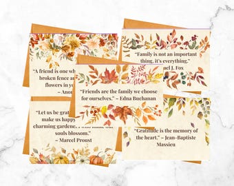 May include: Greeting cards with autumn-themed floral and leaf designs. Each card features a quote about friendship, family, or gratitude. The cards have a warm color palette of orange, brown, and cream.