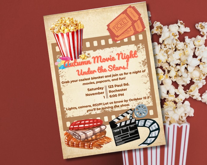 Featured listing image: Cozy & Rustic Autumn Movie Night Invitation Template - Perfect for Outdoor Gatherings, Under the Stars Events, and Fall Parties
