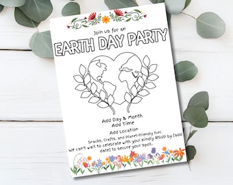Earth Day Party Invitation Template - Editable & Colorable Design for Kids (Editable in Canva)