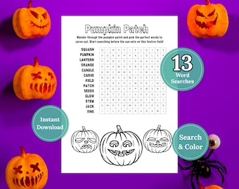 Utskrivbar Halloween-ordsökning, Halloween-aktivitetsbok, Halloween-pussel för barn, Halloween-festaktivitet, 13 pussel, direktnedladdning