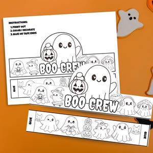 May include: Black and white Halloween-themed printable craft featuring the text "BOO CREW" and instructions. The design includes ghost characters, pumpkins, and other festive elements. The instructions are to print, color/decorate, and glue or tape the ends.