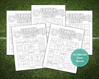 Jeu de bingo de football à imprimer : 50 cartes à colorier, cartes de visite et marqueurs, activité de fête pour les enfants (téléchargement PDF)