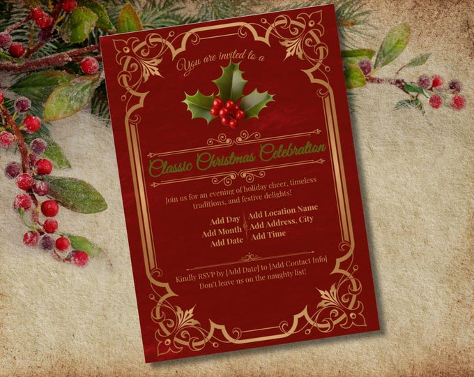 Featured listing image: Vintage Christmas Party Invitation - Classic Holiday Invite (Editable in Canva)