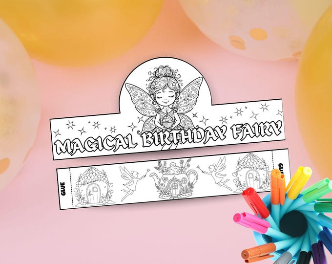 Featured listing image: Fairy Birthday Crown Printable, DIY Kids Coloring Craft, Color Your Own Paper Crown, Magical Birthday Party Hat for Kids, Instant Download